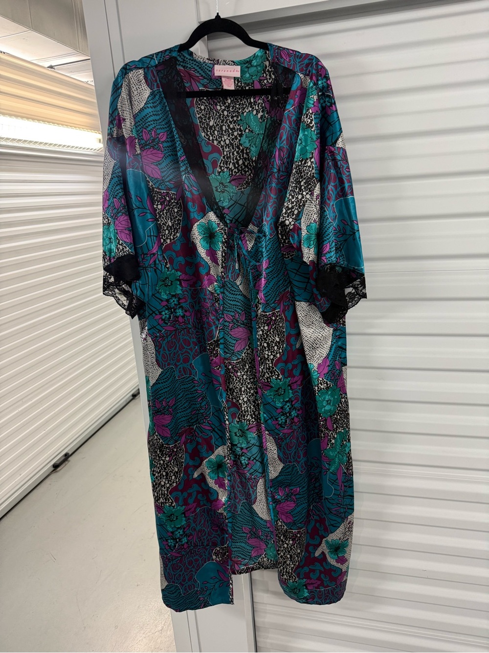 Serenade Floral Satin Kimono Robe in Teal & Purple tie front plus size 1X